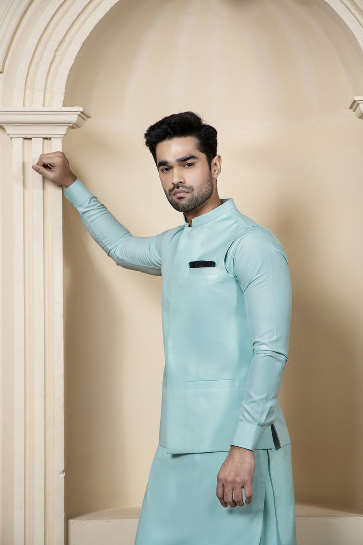 Shahjahan Aquamarine Kurta Shalwar with Waistcoat 3 Piece Suit