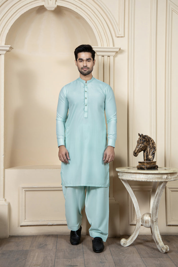 Shahjahan Aquamarine Kurta Shalwar with Waistcoat 3 Piece Suit