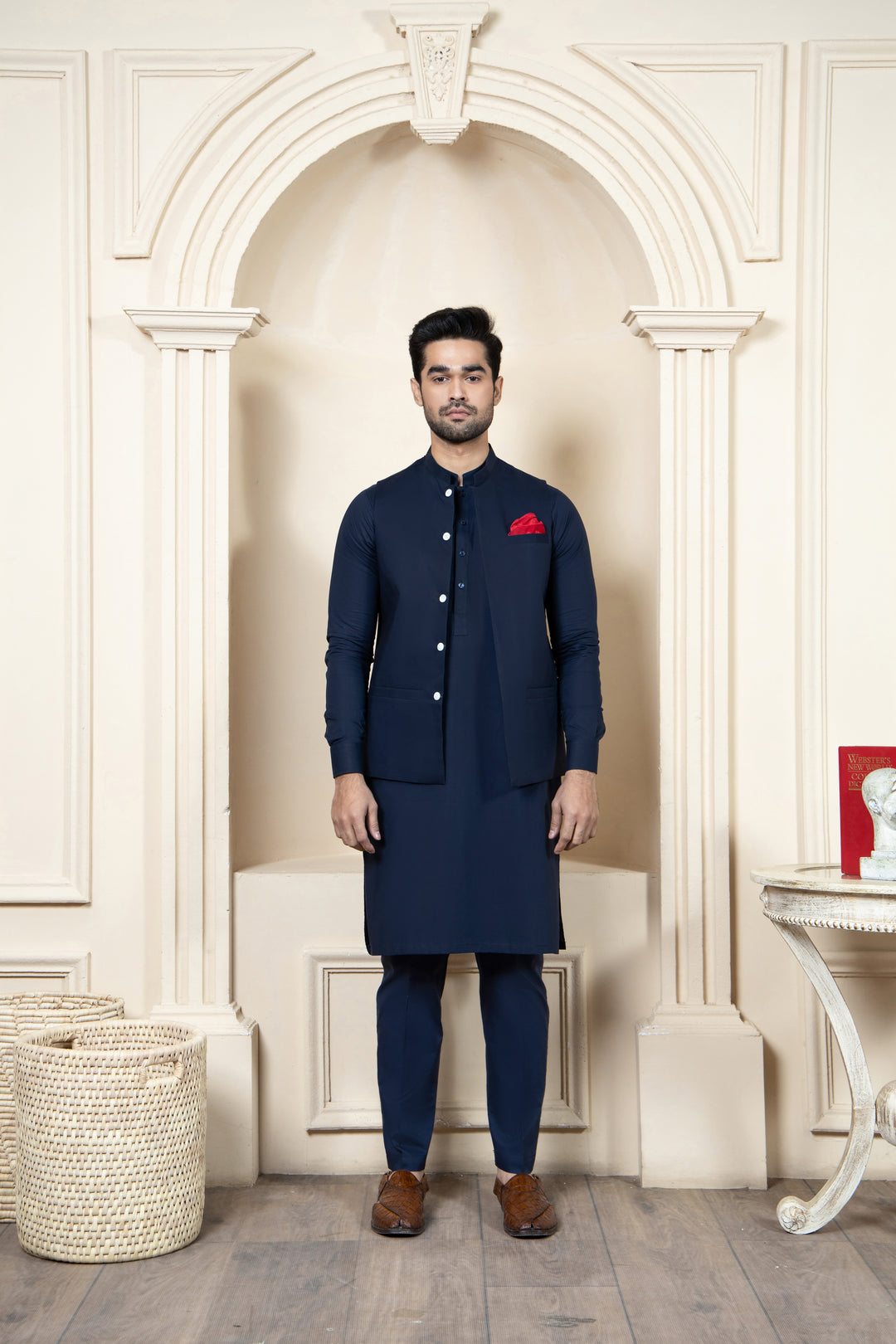 Shahjahan Navy Blue Soft Cotton Kurta Trouer with waistcoat 3 Piece Suit