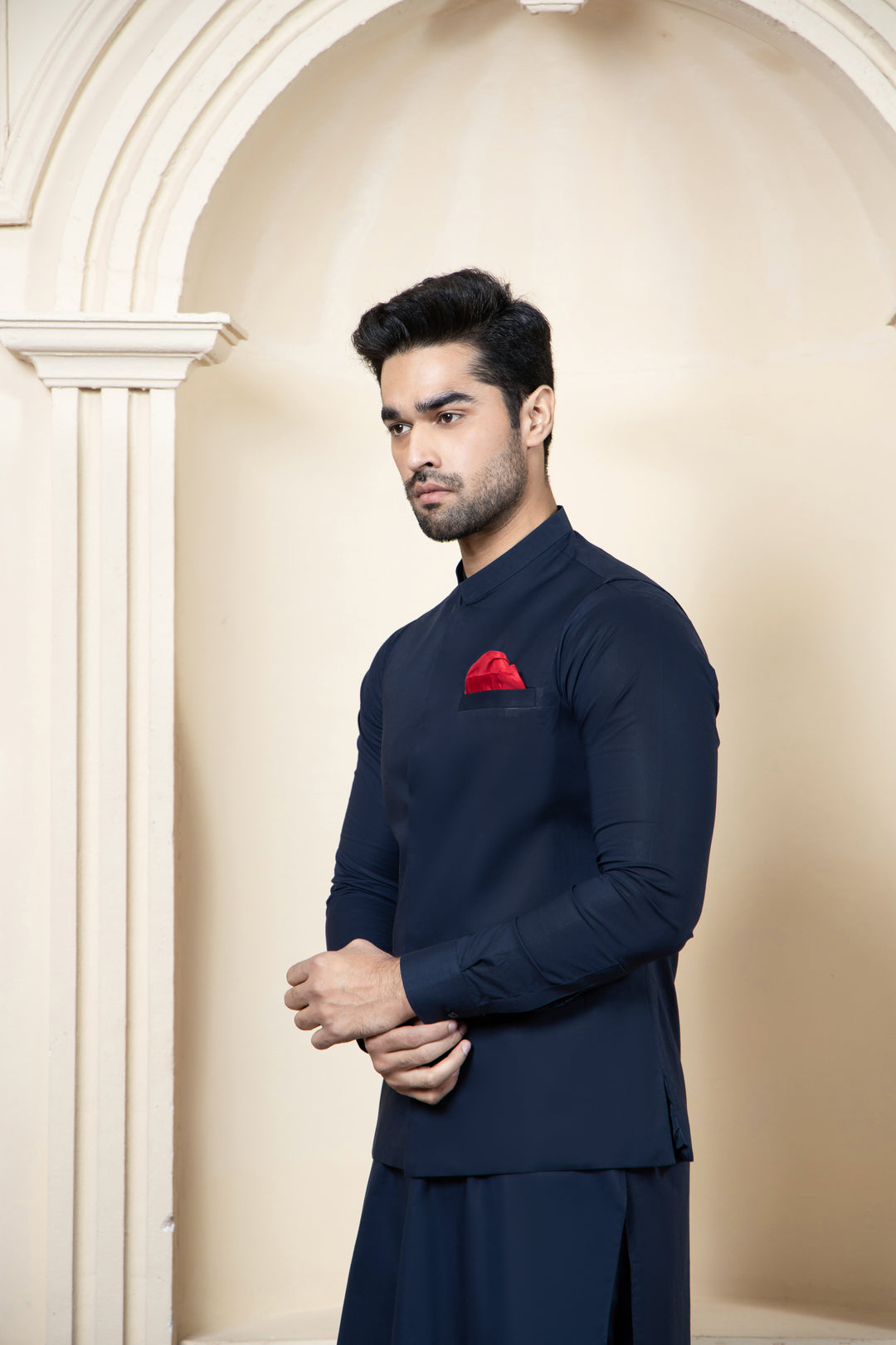 Shahjahan Navy Blue Soft Cotton Kurta Shalwar with waistcoat 3 Piece Suit