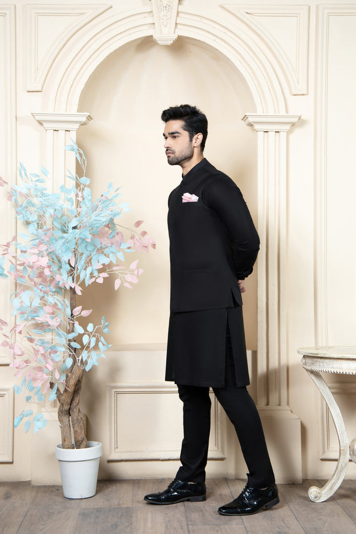 Shahjahan - Black Soft Cotton Kurta Trouer with waistcoat For Men