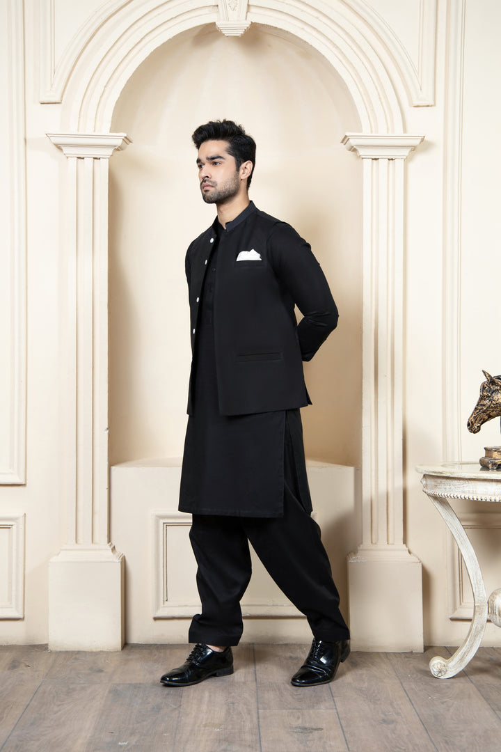 Shahjahan - Black Soft Cotton Kurta Shalwar with waistcoat For Men
