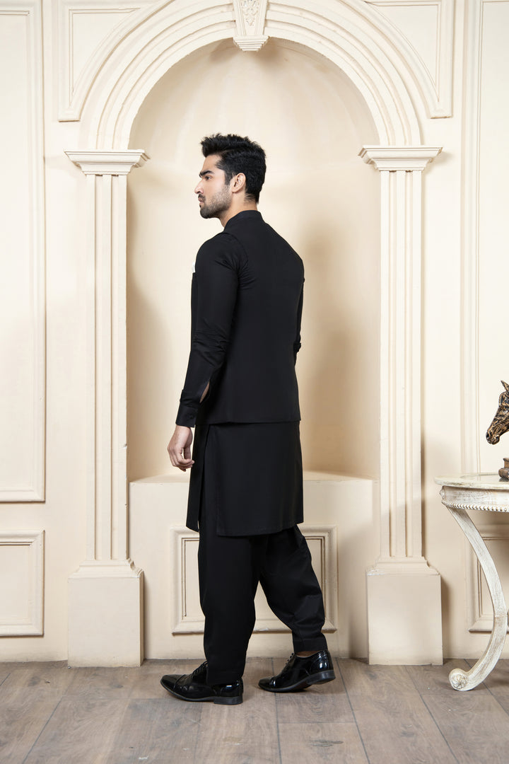 Shahjahan - Black Soft Cotton Kurta Shalwar with waistcoat For Men