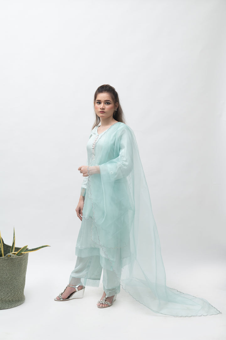 Alifyay - Aqua Blue  - Cotton Silk - 3 Piece