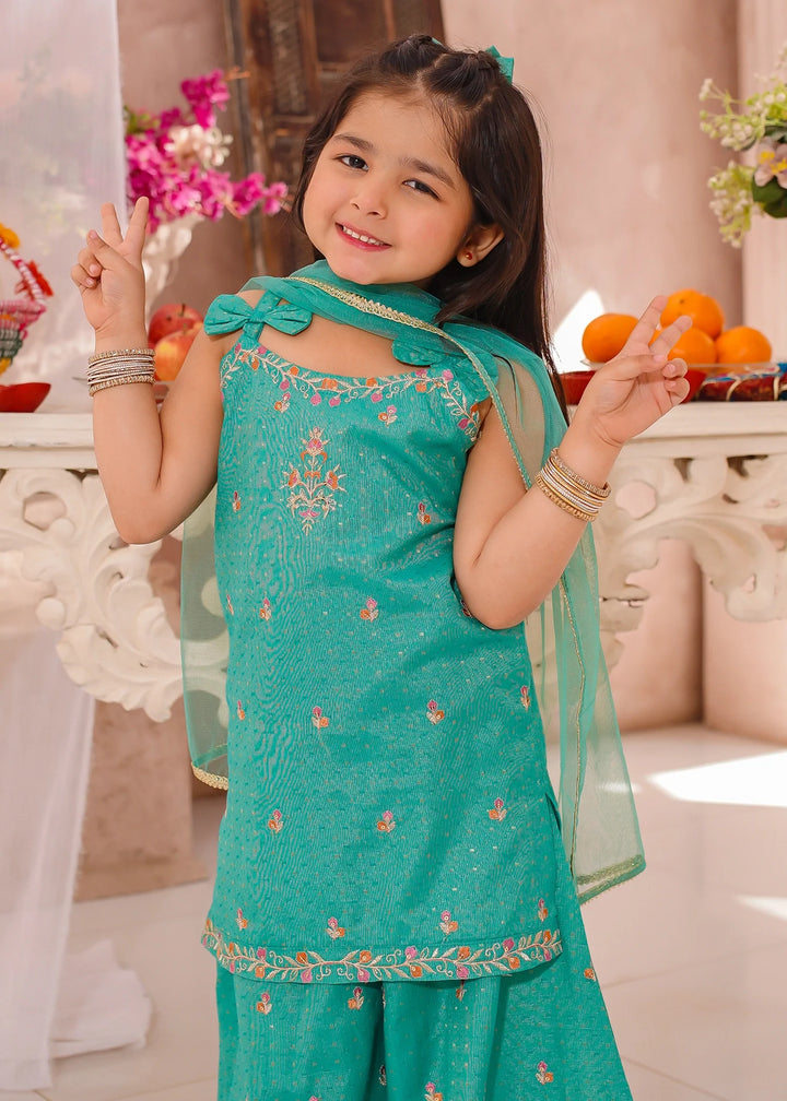 Modest - Cotton Lawn Embroidered Sharara For Girl - Green - 3 Piece