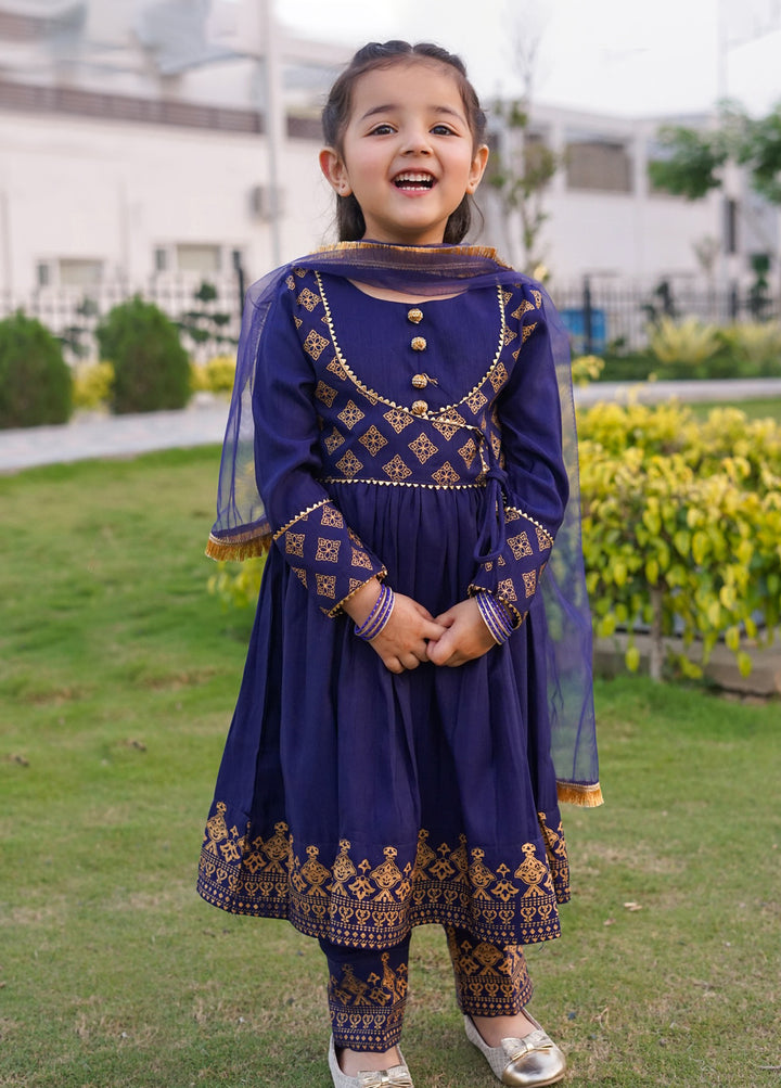 Modest 3 Piece Printed Rawsilk Frock Blue