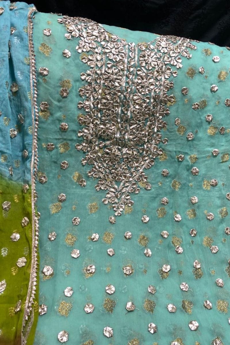 Design by Amina - Antique gota work 
On jamawar suit -  
2 Piece - Shirt and Dupatta - 16