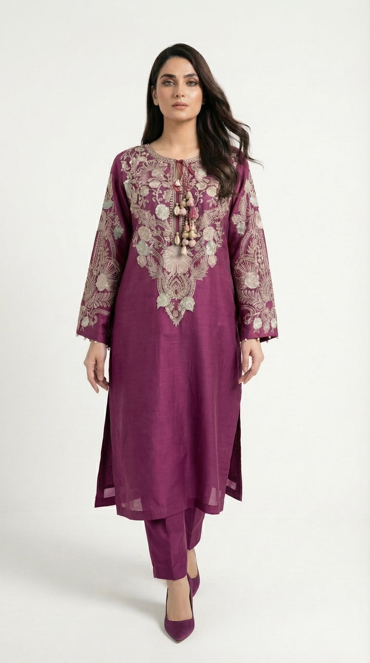 Reema Ahsan - Emira Khadi Silk Suit For Women - Plum - 2 Piece - Studio by TCS