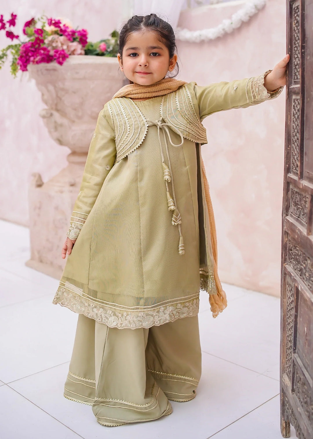 Modest - Maysuri Embroidered Gharara For Girl - Olive Green - 3 Piece