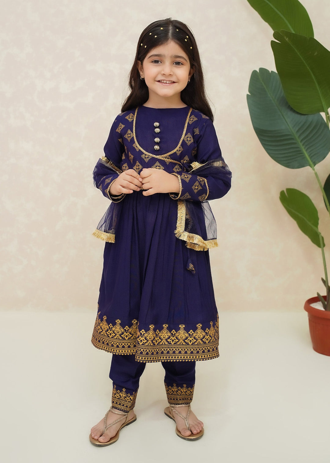 Modest 3 Piece Printed Rawsilk Frock Blue