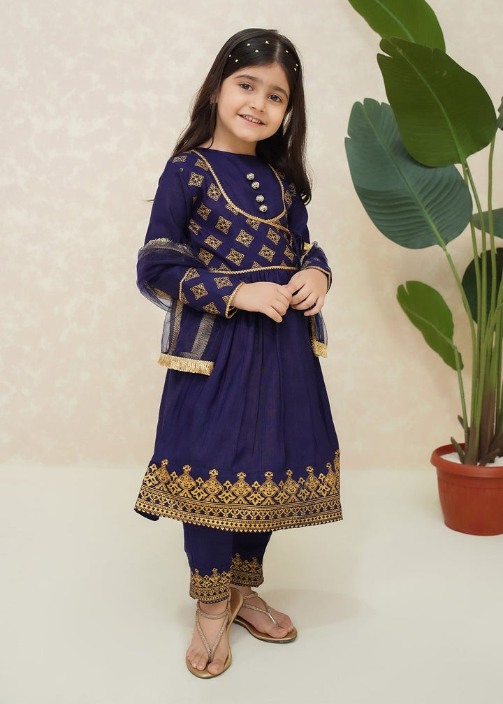 Modest 3 Piece Printed Rawsilk Frock Blue