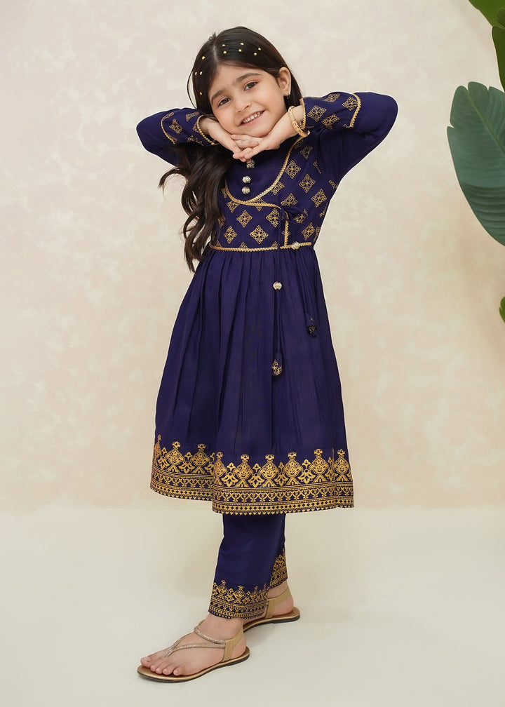 Modest 3 Piece Printed Rawsilk Frock Blue