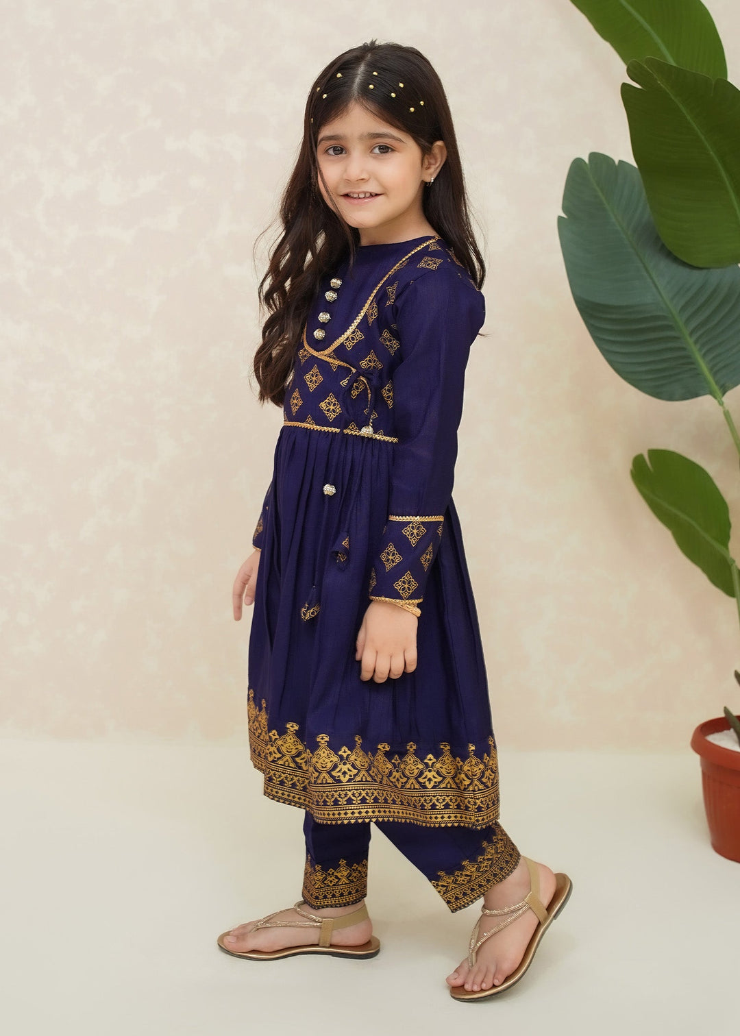 Modest 3 Piece Printed Rawsilk Frock Blue