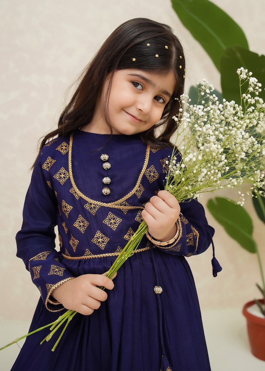 Modest 3 Piece Printed Rawsilk Frock Blue