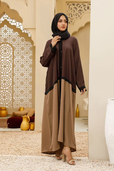 Hijabi - Bicolor Front Open Abaya Brown & Beige - Studio by TCS