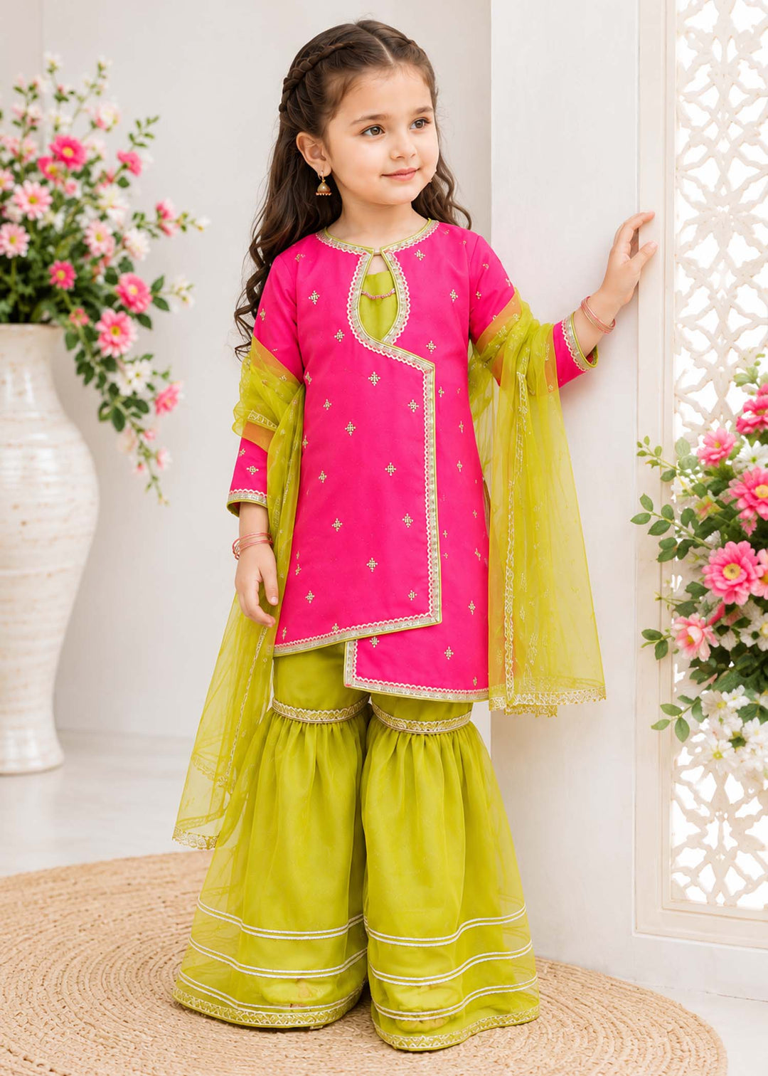 Modest - Rawsilk Embroidered Gharara For Girl - Pink - 3 Piece