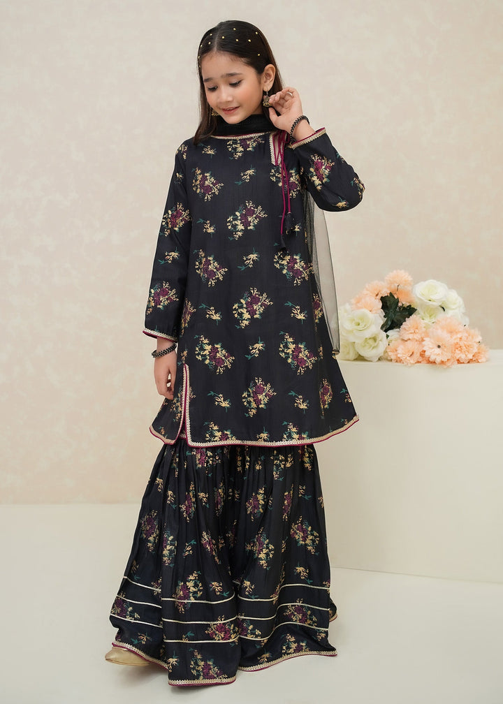 Modest - Printed Rawsilk Dress For Girl - Black - 3 Piece