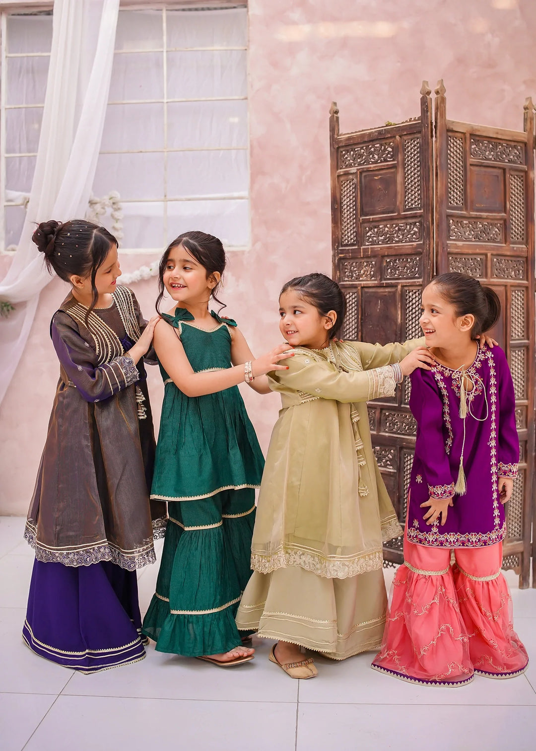 Modest - Maysuri Embroidered Gharara For Girl - Olive Green - 3 Piece
