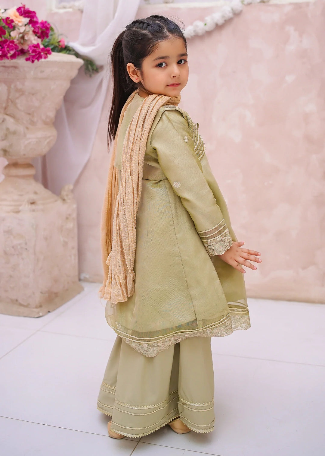 Modest - Maysuri Embroidered Gharara For Girl - Olive Green - 3 Piece
