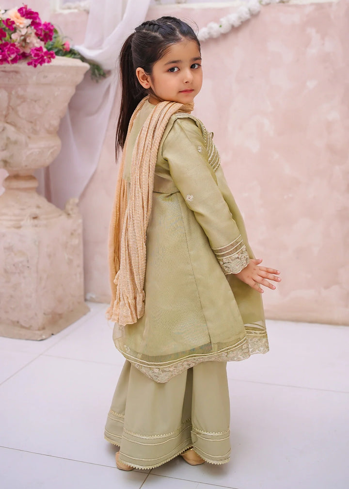 Modest - Maysuri Embroidered Gharara For Girl - Olive Green - 3 Piece