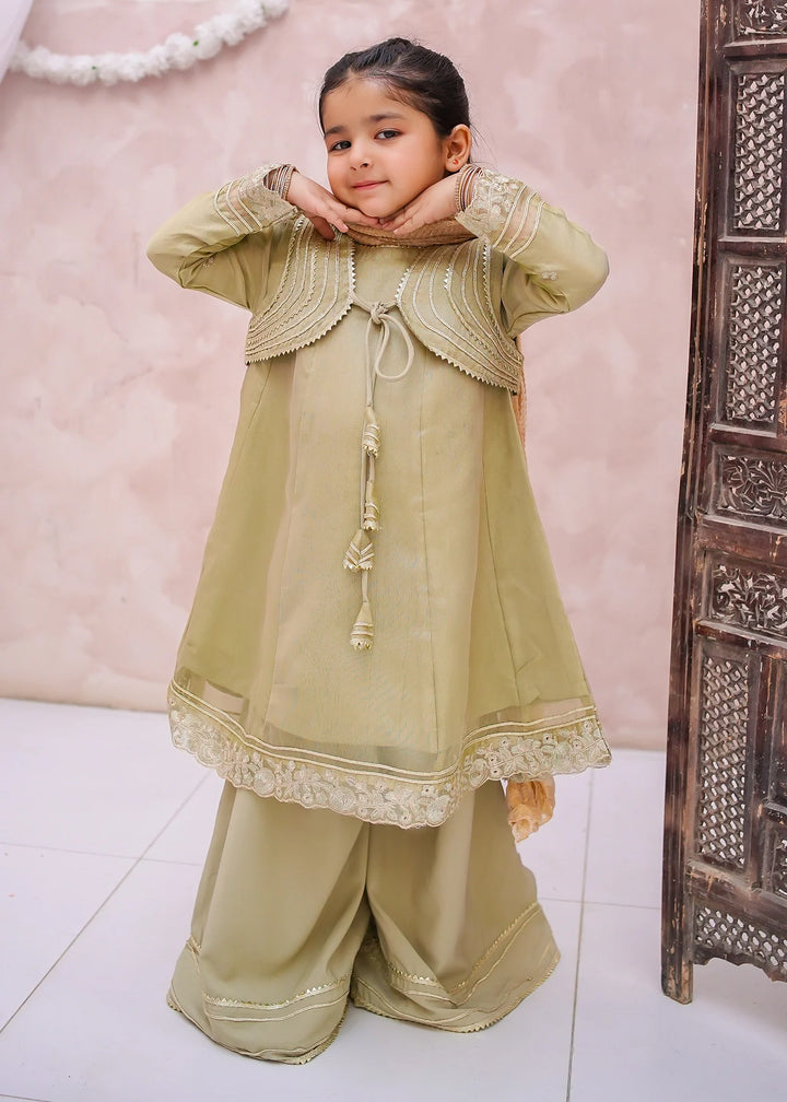 Modest - Maysuri Embroidered Gharara For Girl - Olive Green - 3 Piece