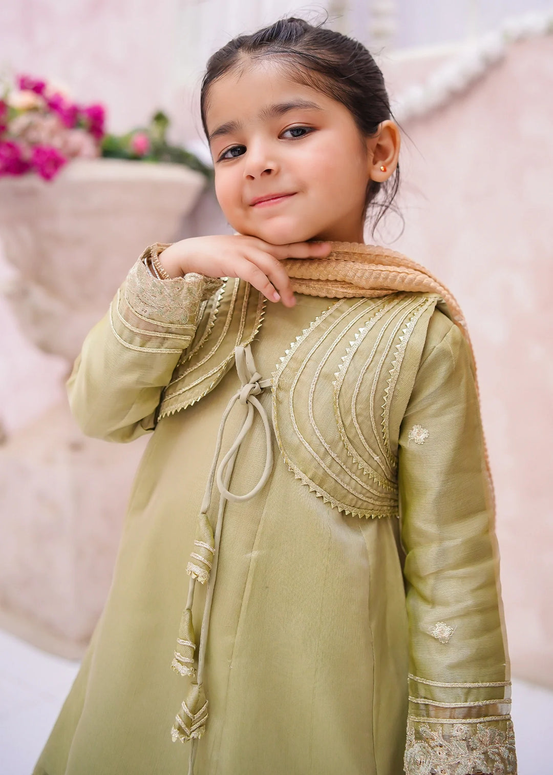 Modest - Maysuri Embroidered Gharara For Girl - Olive Green - 3 Piece