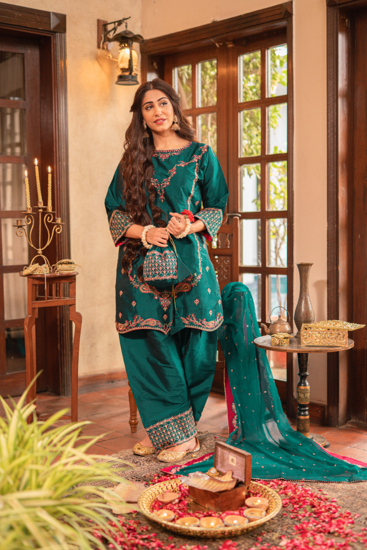 Omal by Komal - Mehrnaz - Teal - Lychee Silk & Chiffon - 3 Piece