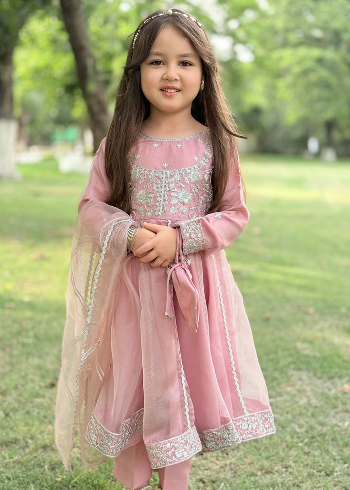 Modest - Tissue Embroidered Frock For Girl - Pink - 3 Piece