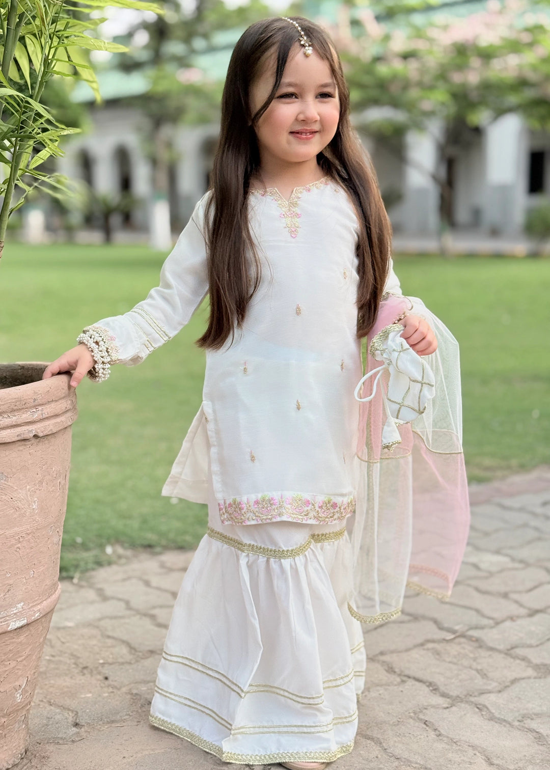 Modest - Chiffon Embroidered Gharara For Girl - White - 3 Piece
