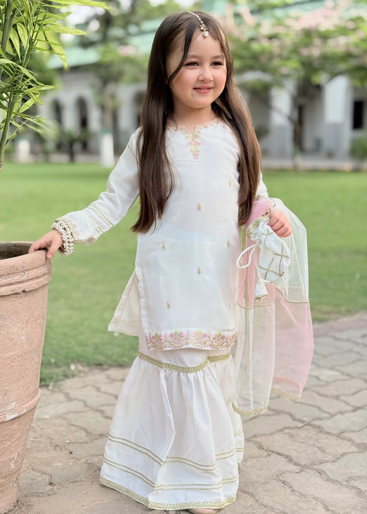 Modest - Chiffon Embroidered Gharara For Girl - White - 3 Piece