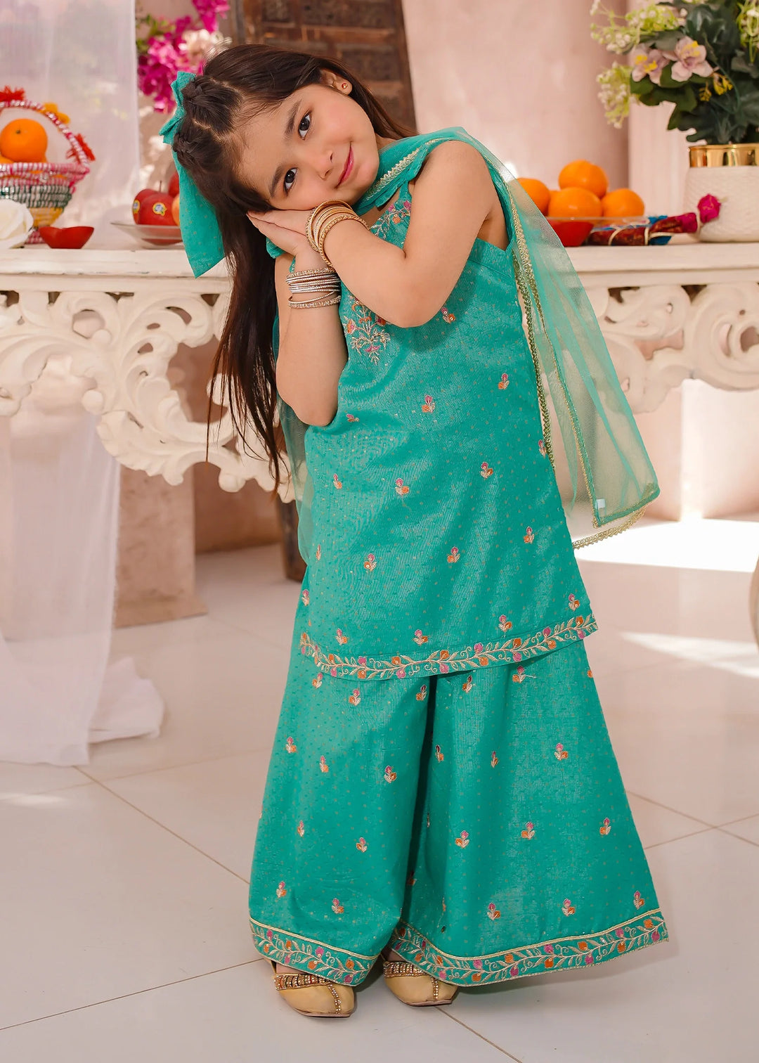 Modest - Cotton Lawn Embroidered Sharara For Girl - Green - 3 Piece