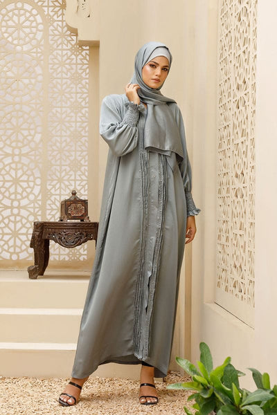Hijabi - Smocked Sleeve Front-Open Abaya - Grey - Studio by TCS