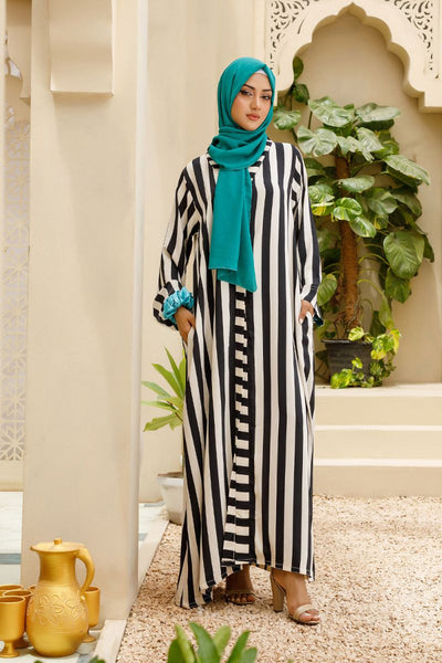 Hijabi - Striped Silk Front Open Abaya - Black & White - Studio by TCS