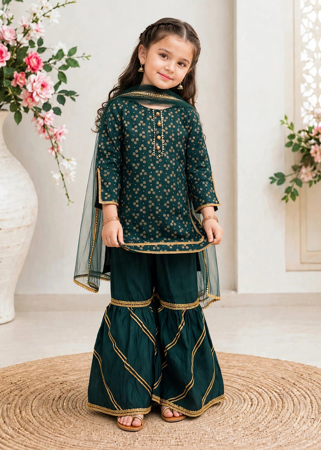 Modest Printed Rawsilk Gharara Green 3 Piece