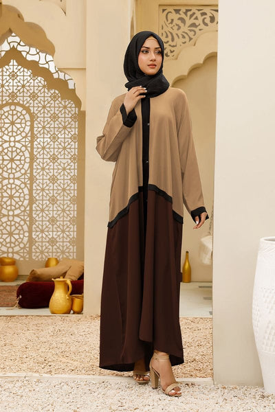 Hijabi - Bicolor Front Open Abaya - Beige and Brown - Studio by TCS