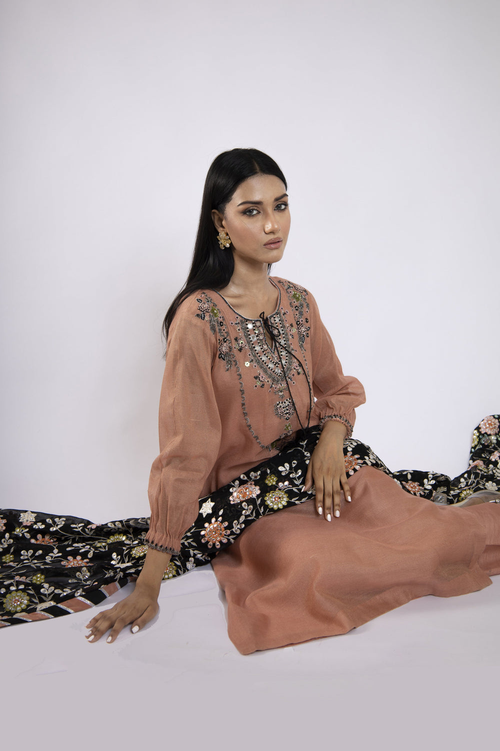 Sadia Aamir - Azara - Tea Pink Khaddi Net Shirt and Silk Culottes with Chiffon Dupatta - 3 Piece - Studio by TCS