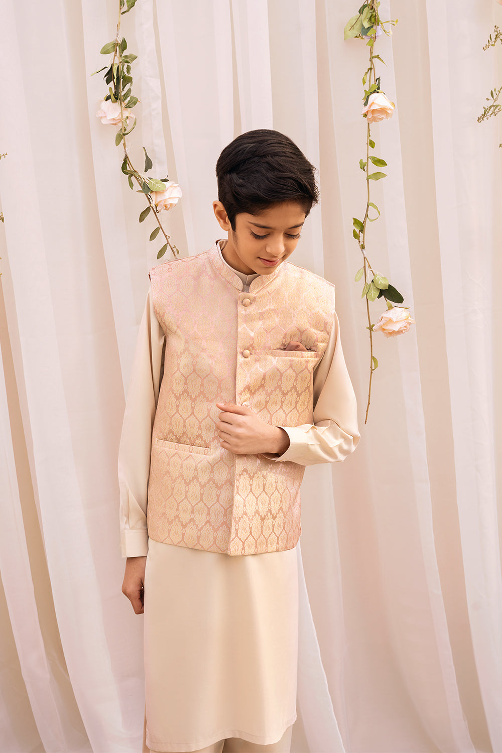 Hummingbirds - Rose Gold Jamawar Silk Waistcoat For Boy