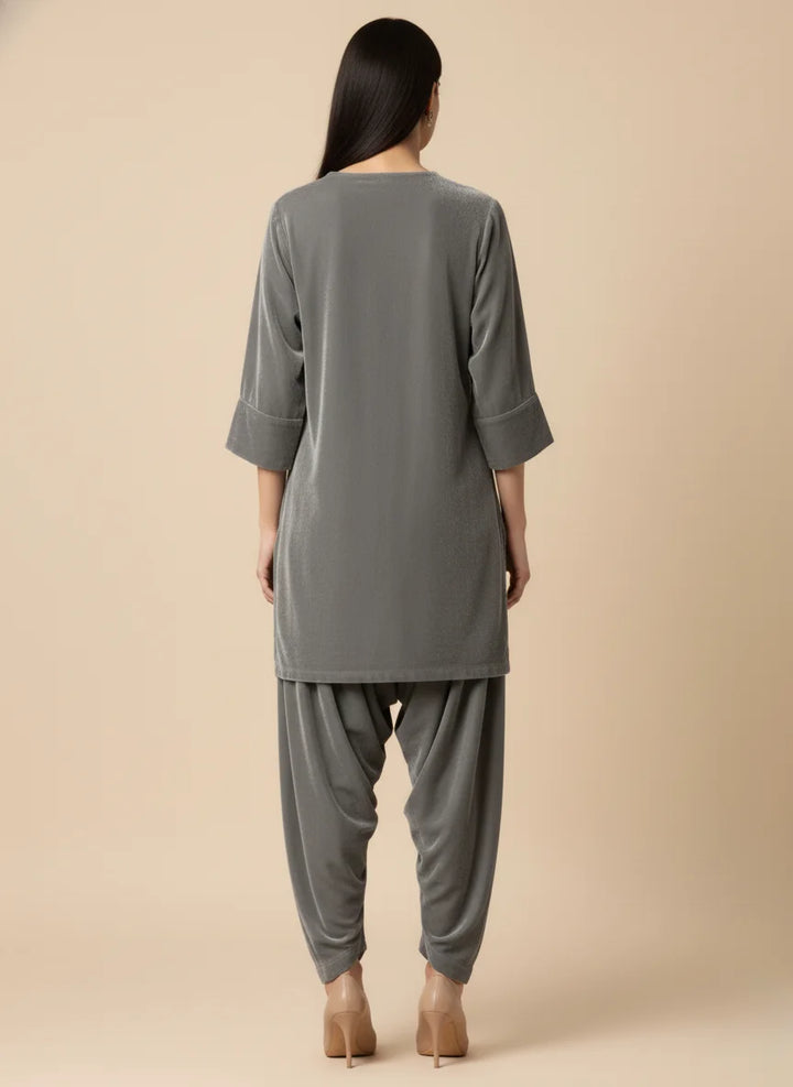 Shehrnaz - Seraph Grey Velvet Suit For Women - 3 Piece