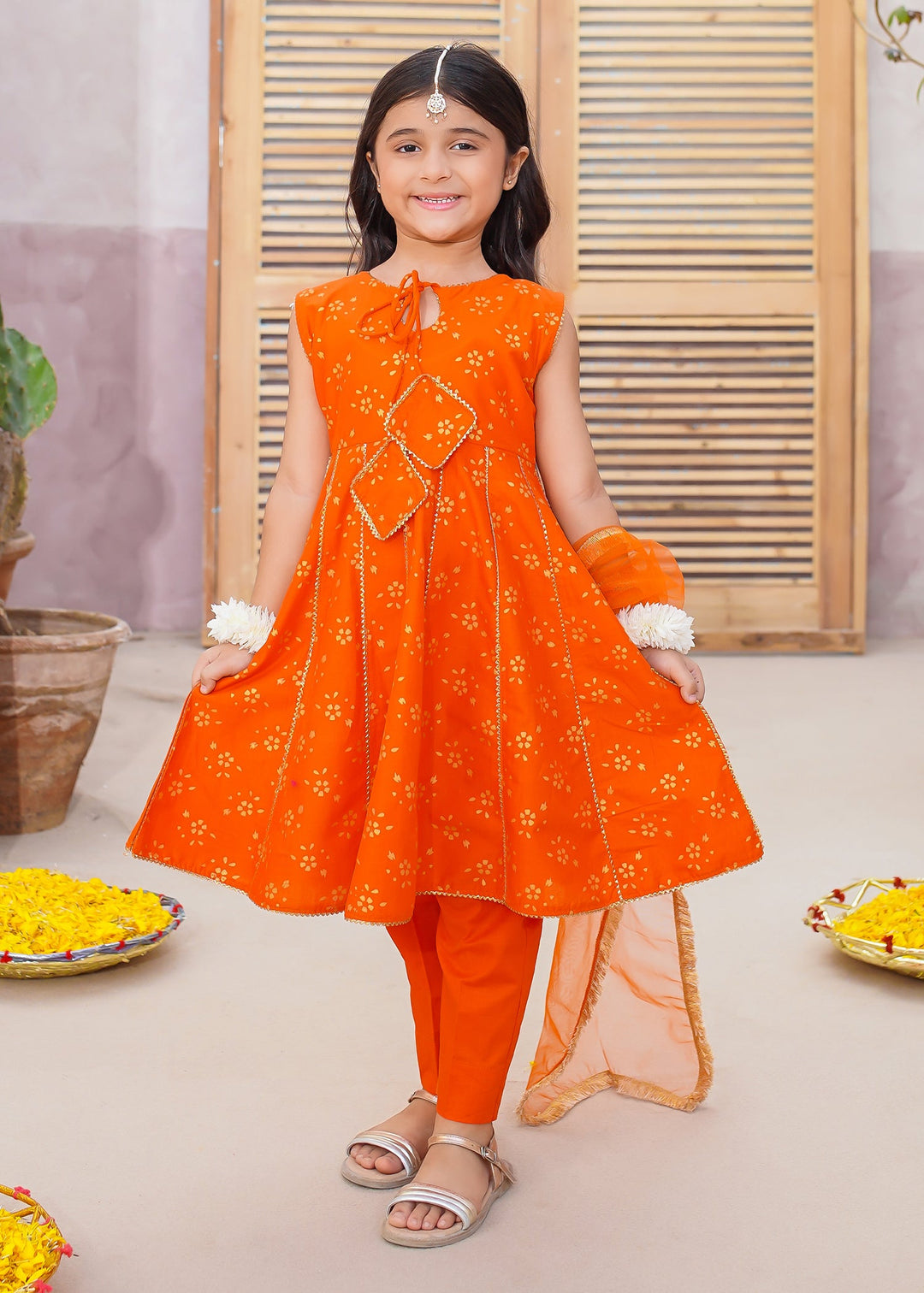 Modest - Toddler Cotton Suit For Girl - Orange - 3 Piece