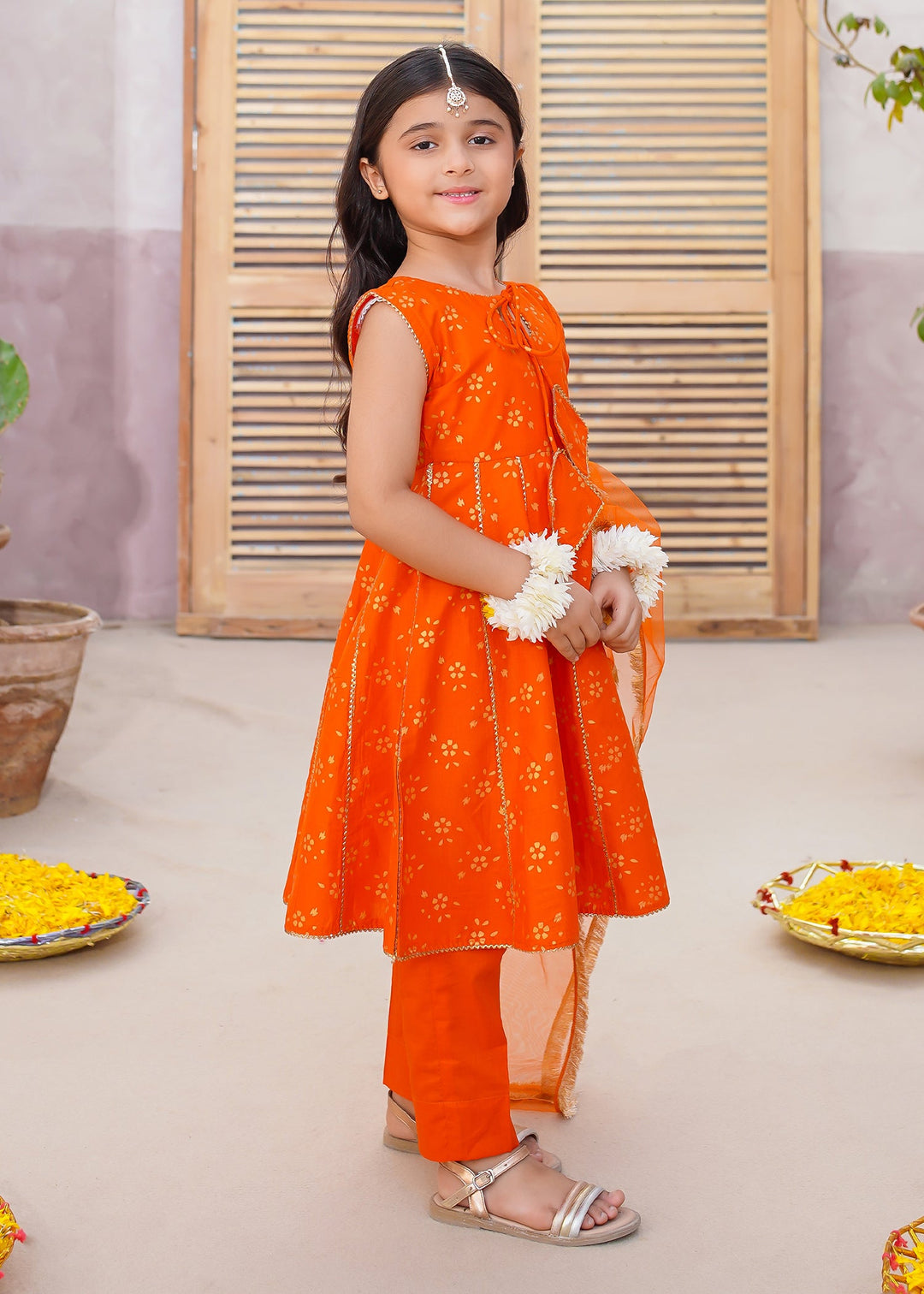 Modest - Toddler Cotton Suit For Girl - Orange - 3 Piece