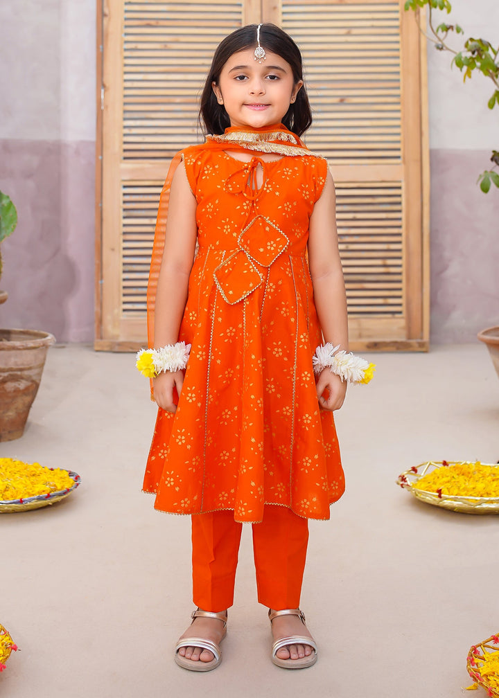 Modest - Toddler Cotton Suit For Girl - Orange - 3 Piece