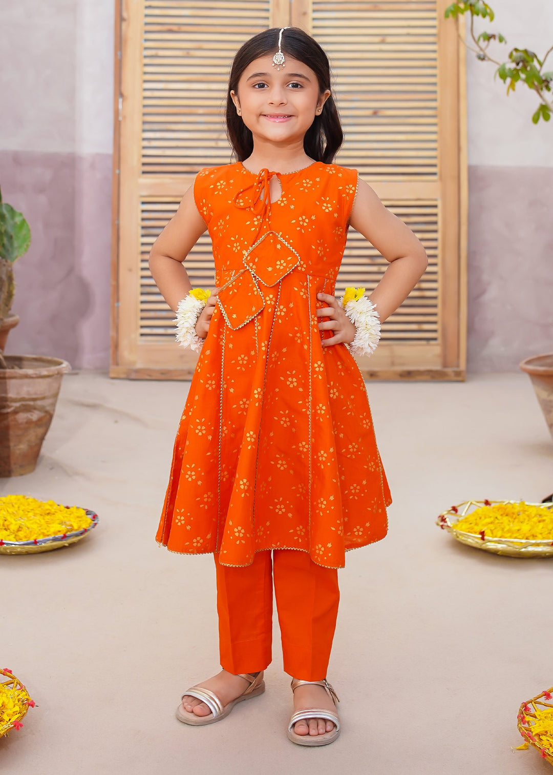 Modest - Toddler Cotton Suit For Girl - Orange - 3 Piece
