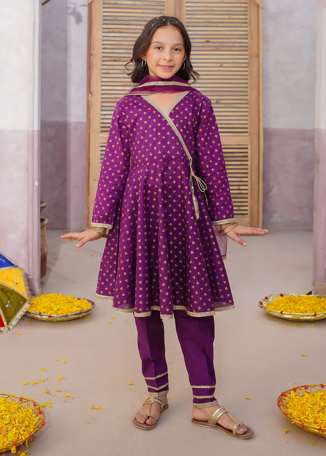 Modest - Printed Cotton Suit For Girl - Purple - 3 Piece