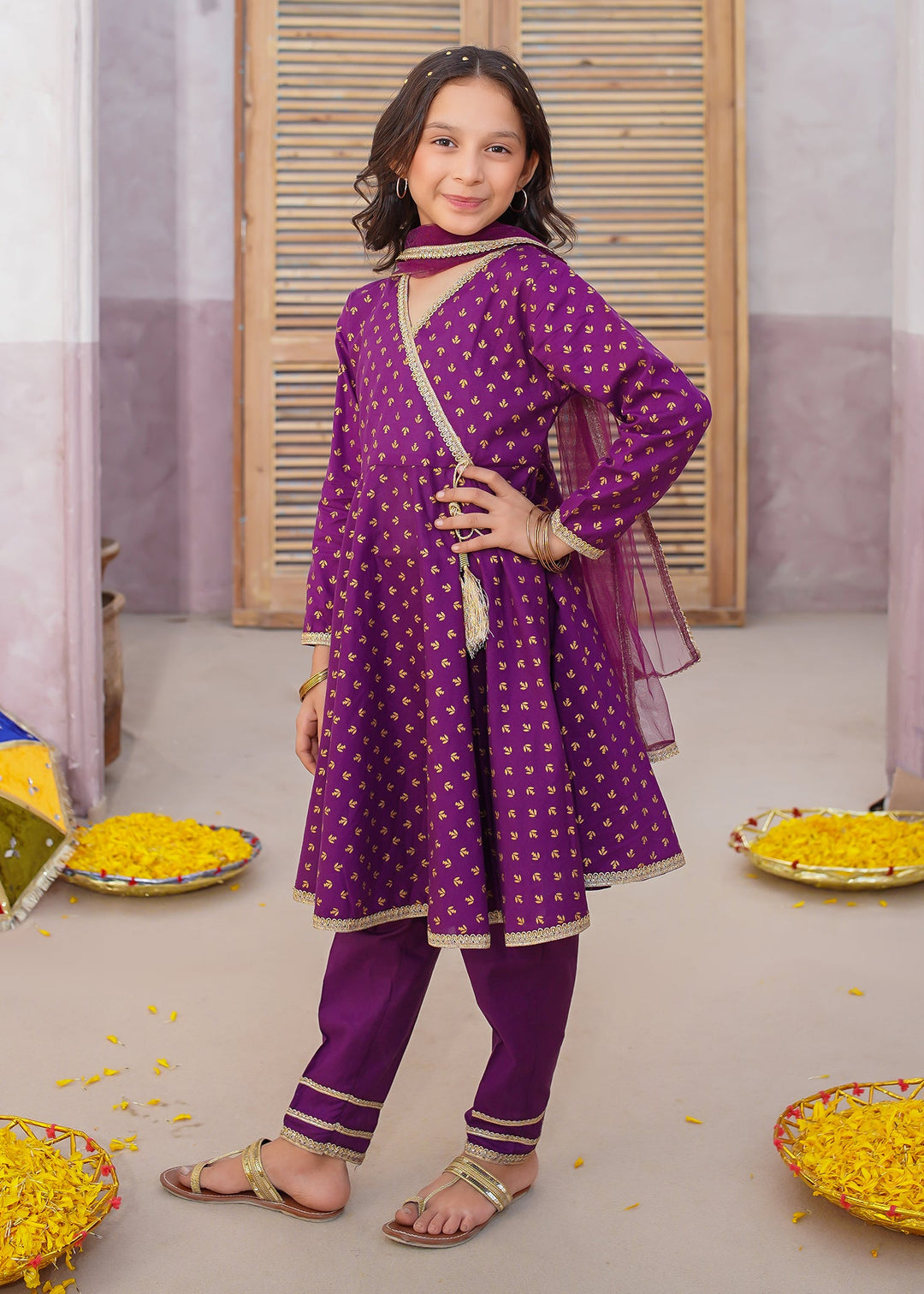 Modest - Printed Cotton Suit For Girl - Purple - 3 Piece