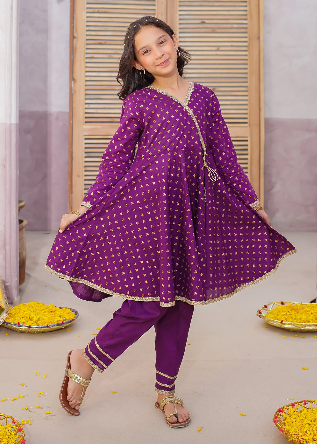 Modest - Printed Cotton Suit For Girl - Purple - 3 Piece