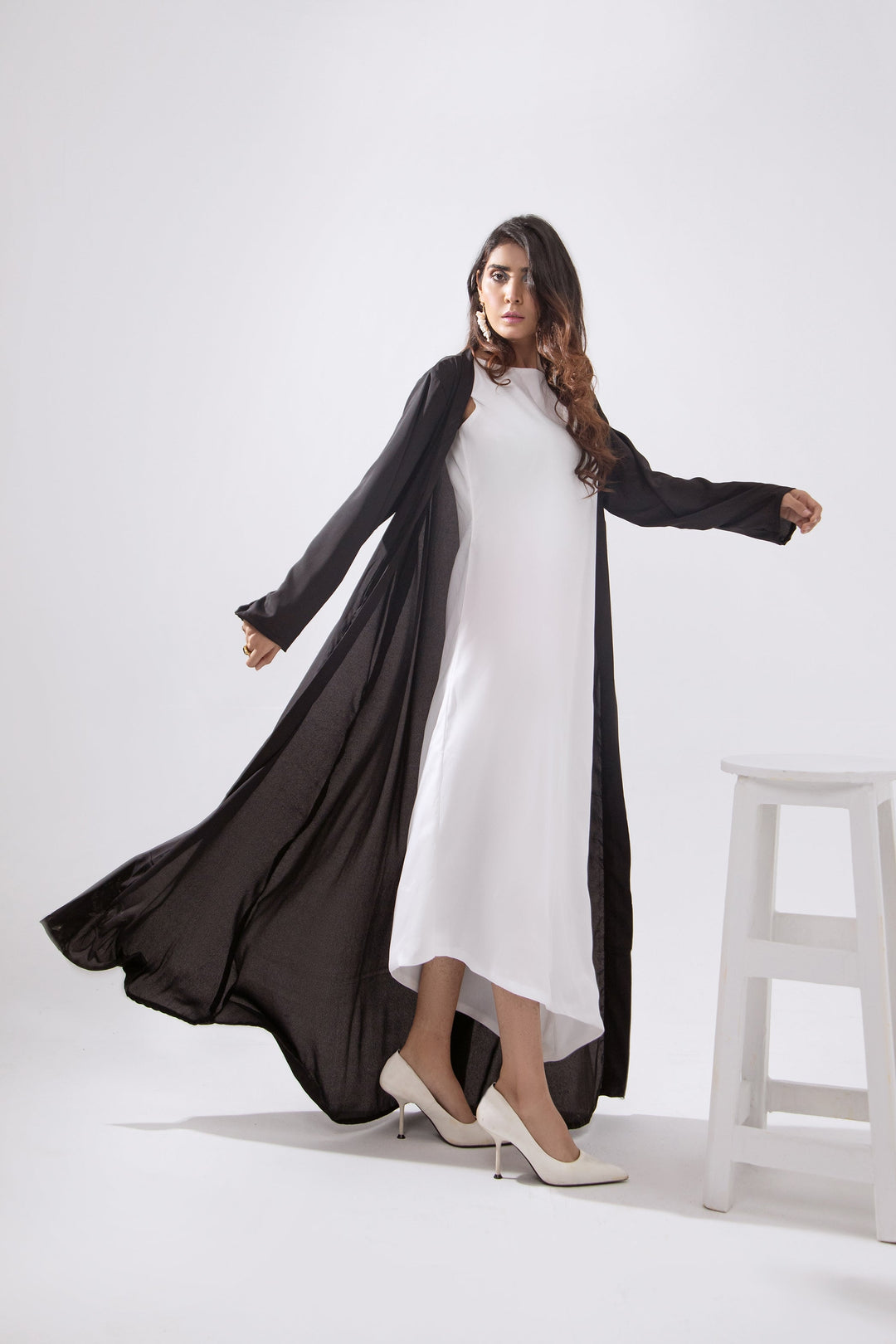 Syah - Diagonal Cut Maxi With Cape - Black/White - 2 Piece