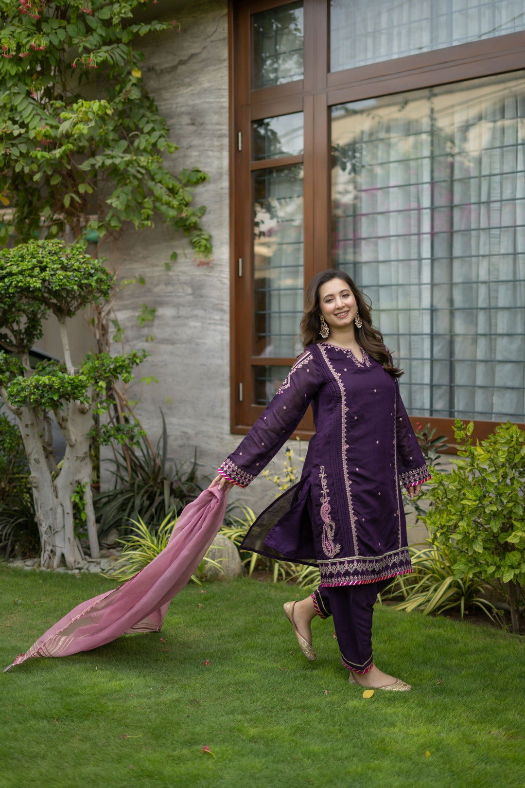 Omal by Komal - ZIMAL - Purple - Loom Net & Javeria Net - 3 Piece