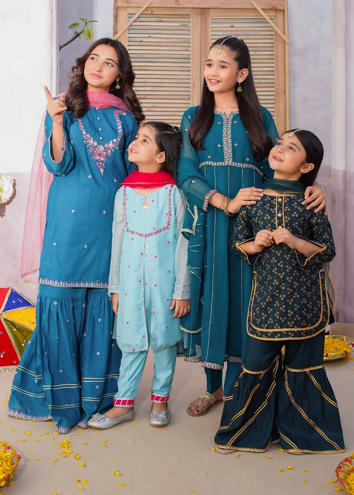 Modest - Embroidered Chiffon Suit For Girl - Sky Blue - 3 Piece
