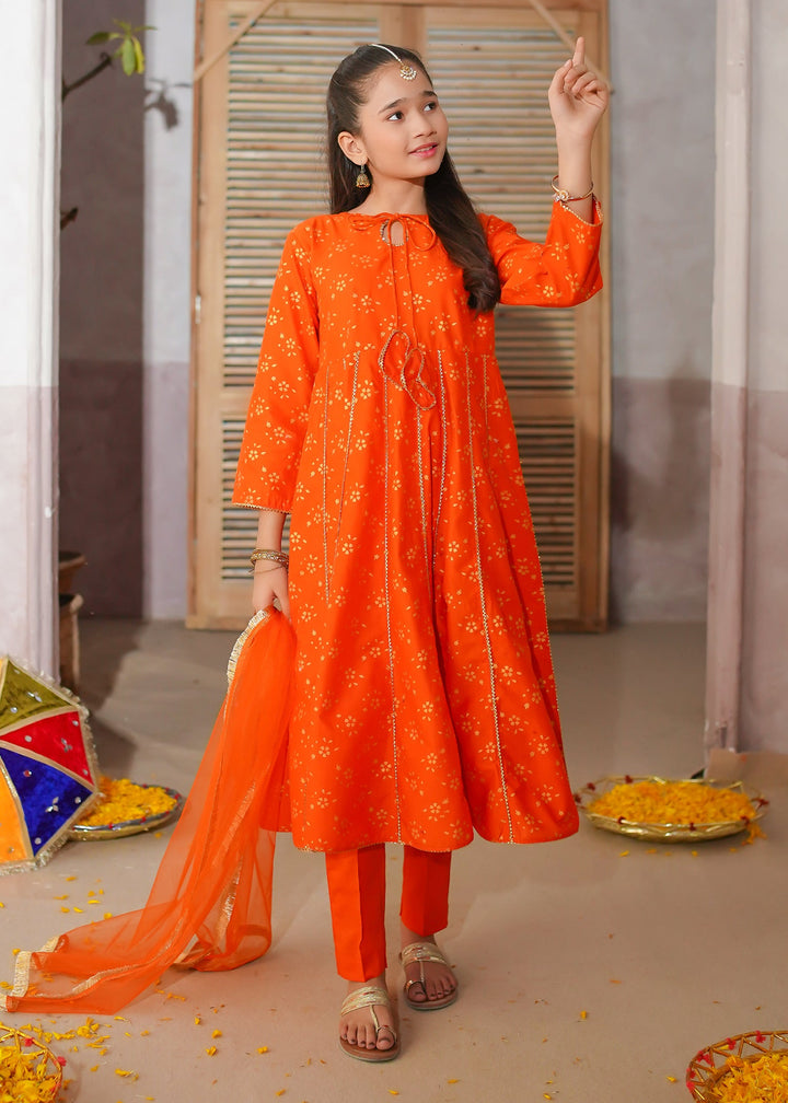 Modest - Printed Cotton Suit For Girl - Orange - 3 Piece
