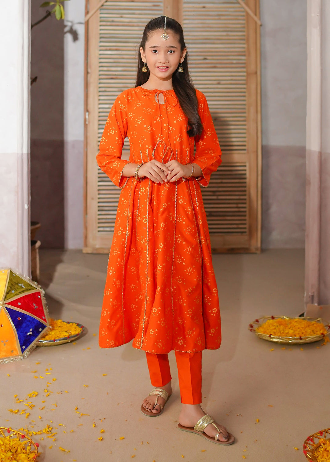 Modest - Printed Cotton Suit For Girl - Orange - 3 Piece